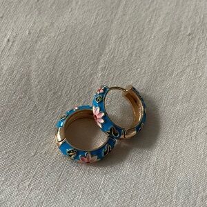 Floral Blue and Gold Hoop Earrings
